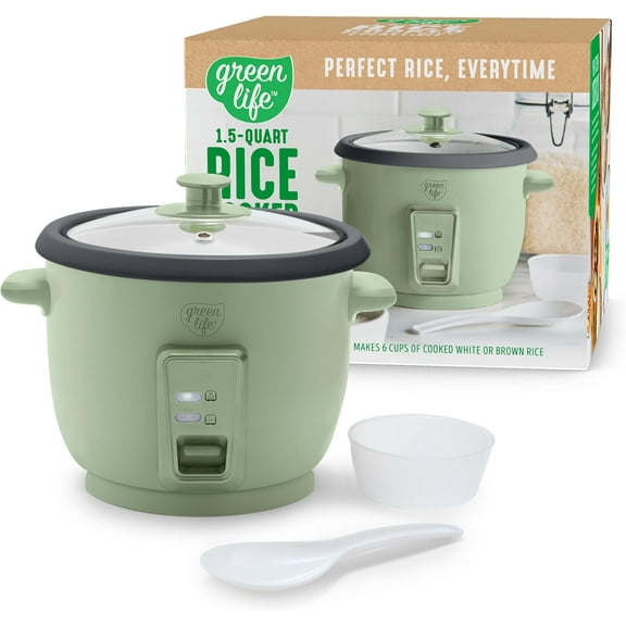 Electric Rice Cooker, 3-Cups Uncooked/6-Cups Cooked, Removable PFAS-Free Nonstick Pot, One-Switch Design, Auto Keep Warm, Small Space Saving, Rice Paddle, Soup, Grains, Oatmeal, 1.5 QT, Green