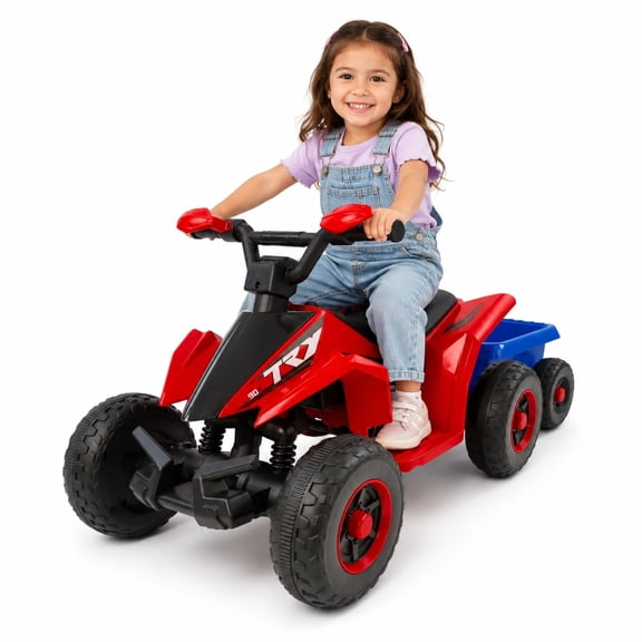 Electric Ride on Car, 6V Battery Powered Ride on Toys for Toddlers Ages 3-6, 4 Wheels Kids Ride on Toy with Rear Bucket, Music, LED Lights, USB, Forward and Reverse, Red