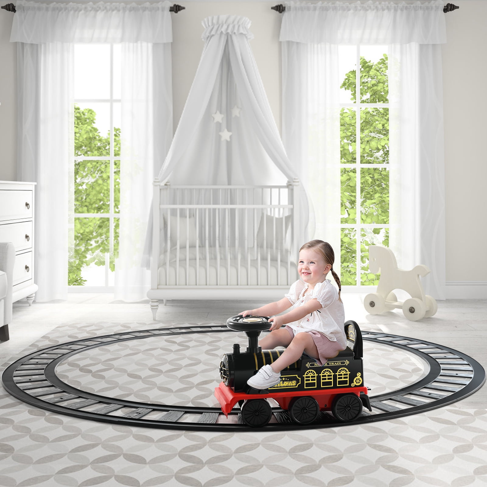 Electric Ride On Toy Train for Kids with 16pcs Curved Tracks, Lights