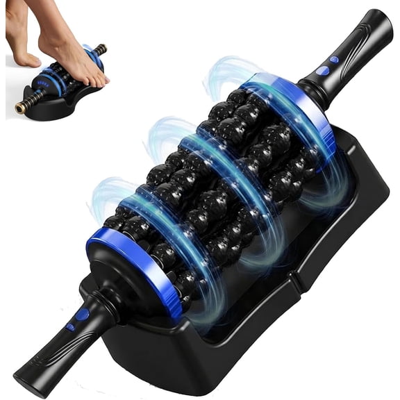 Electric Rolling Percussion Massager with Hands Free Base, 5 Speed Adjustable Intensity, Rechargeable Fascia Roller for Back Legs Feet, Blue