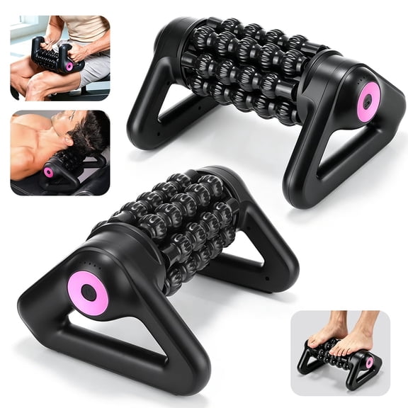 Electric Rolling Percussion Massager with Hands-Free Base, Rechargeable Fascia Roller Massager, Adjustable Intensity, Muscle Roller Massager for Back Legs Feet, Electric Body Massager, Rose Red