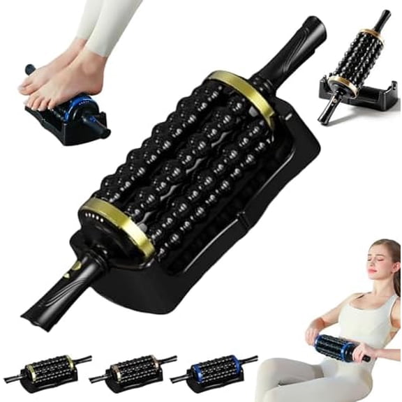 Electric Rolling Percussion Massager with Hands-Free Base, Rechargeable Roller Stick for Back, Legs, Feet. Adjustable Intensity Tool for Muscle Relaxation & Exercise Recovery (Golden)