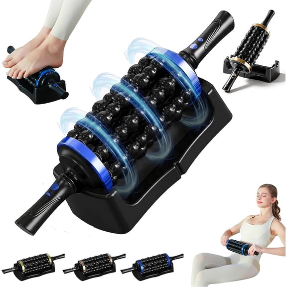 Electric Rolling Percussion Massager with Hands-Free Base, Rechargeable Roller Stick for Back, Legs, Feet. Adjustable Intensity Tool for Muscle Relaxation & Exercise Recovery (Blue)