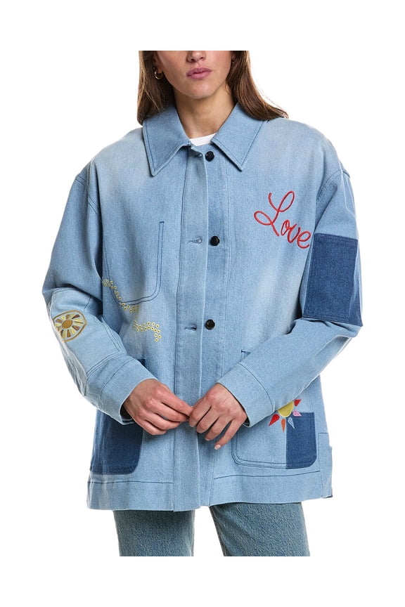 womens Embroidery Chore Jacket, m, Blue