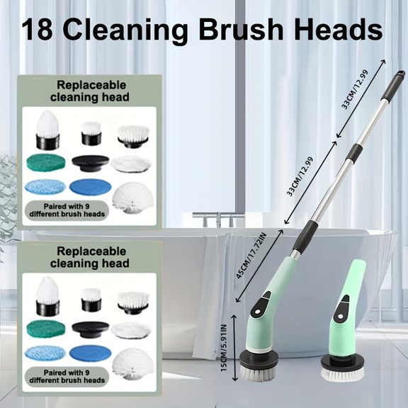 Electric Rotary Spin Scrubber with 5 Speed Modes, 9 Replaceable Brush Heads & 3 Extendable Handles, Multipurpose Cleaner for Bathroom Kitchen Tile Floor Carpet Household Surfaces
