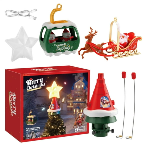 Electric Rotating Christmas Tree Ornament - Musical Santa Sleigh & Cable Car with Lighted Star, Perfect for Family Xmas Decorations