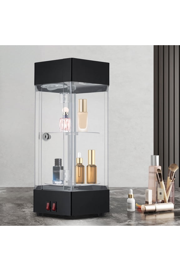 Electric Rotating Display Case with Keys, Jewelry Display Case, Acrylic Collections Showcase with LED Light