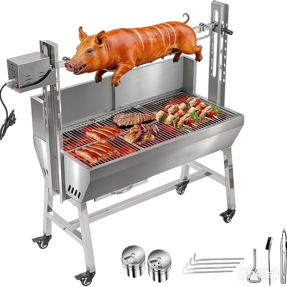 Electric Rotisserie Grill Kit with Windscreen, Large Charcoal Grill with Motor, Stainless Steel Automatic Pork Grill & Outdoor Lamb Goat Roaster, 132 Lbs Capacity for Camping Outdoor