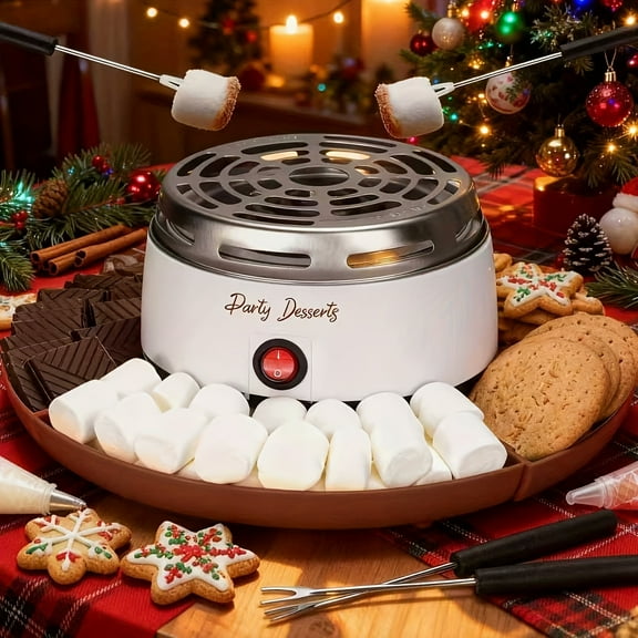 Electric S'mores Station, Indoor Tabletop Marshmallow Roaster Kit, 4 Compartment Trays & 4 Forks Included, Blue