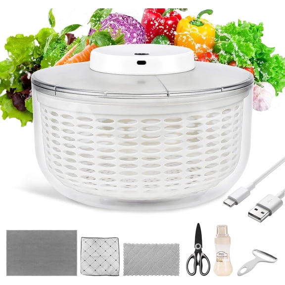 Electric Salad Spinner, 6L Lettuce Spinner Large Capacity USB Chargeble Fruit Vegetable Washer Dryer for Home Kitchen, Include Grater, Scissor, Sauce bottle, 3 Towels