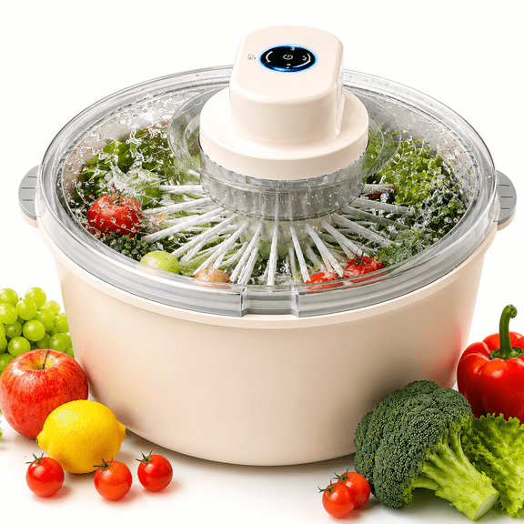Electric Salad Spinner, Fruit and Vegetable Washer with Rotating Brush and Strainer Basket, 5L Large Capacity, Beige
