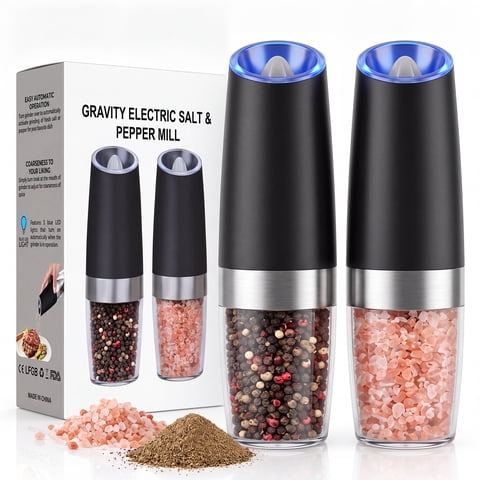 Gravity Electric Salt and Pepper Grinder Set, Battery Operated Salt and Pepper Shakers with LED Light & Adjustable Coarseness, Large Capacity Automatic Mills for Home Kitchens, Black