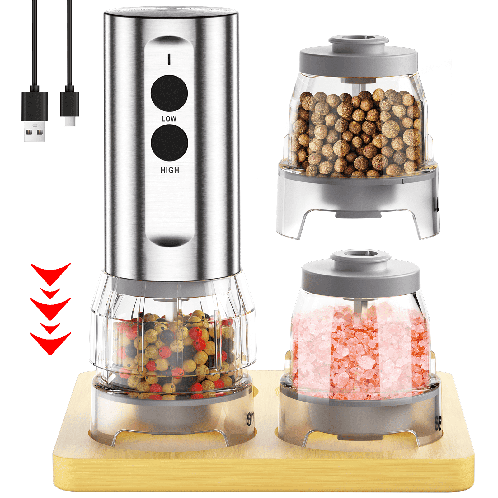 Electric Salt and Pepper Grinder Se,Quick Switching of Silos, Stainless Steel Automatic Pepper Mill Grinder,USB Rechargeable 3 large-Capacity Stock Bins Adjustable Grinding Coarseness