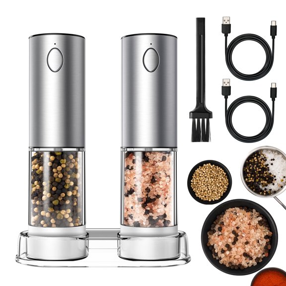 Electric Salt and Pepper Grinder Set, 110ml Larger Rechargeable Automatic Salt and Pepper Mill Grinder with 6 Adjustable Coarseness, Electric Salt and Pepper Shakers, LED, 2 Packs, White