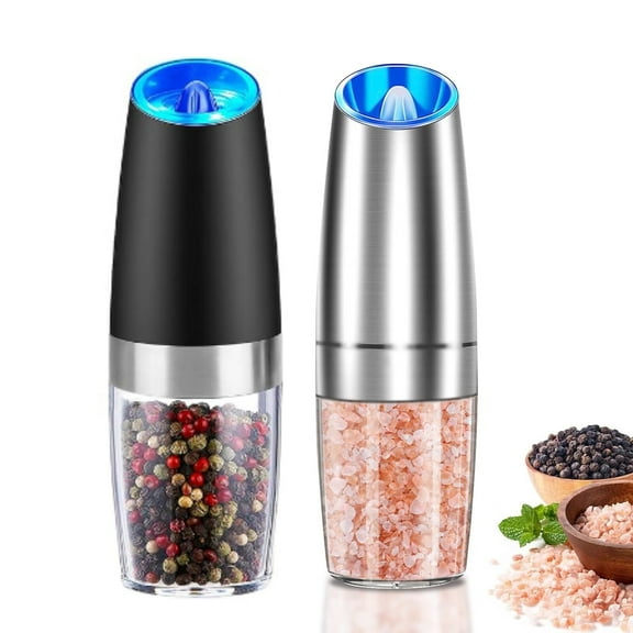 Electric Salt and Pepper Grinder Set of 2 - Battery Operated Automatic Pepper Mill Grinders with LED Light,Adjustable Coarseness Salt Grinder Refillable,One Hand Operation,Stainless Stee