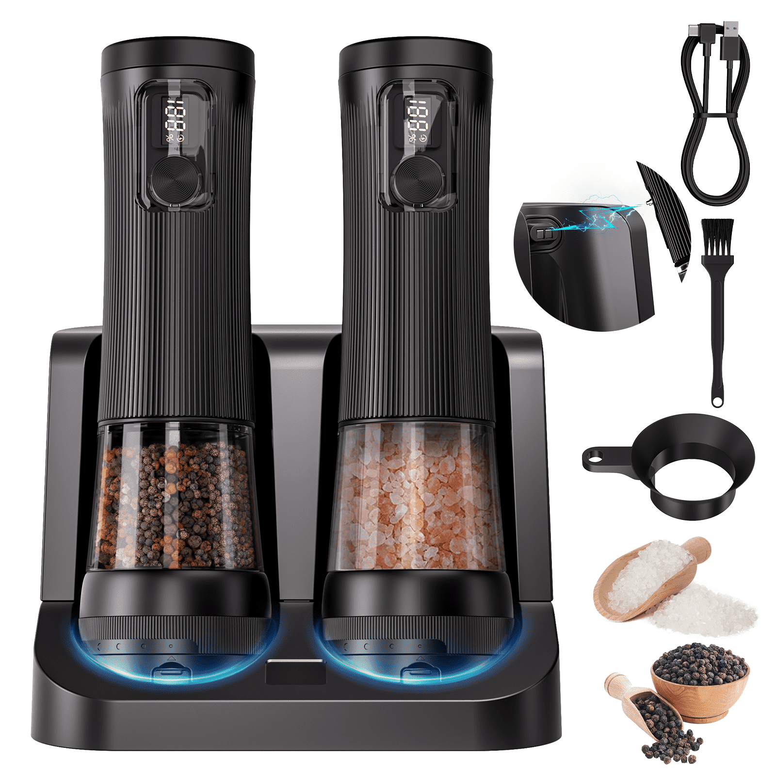 BSgifts Electric Salt and Pepper Grinder Set – Rechargeable Mills with 2-Speed, 5 External Coarseness Settings, LED Display, USB-C Charging Base for Kitchen, Dining & Camping