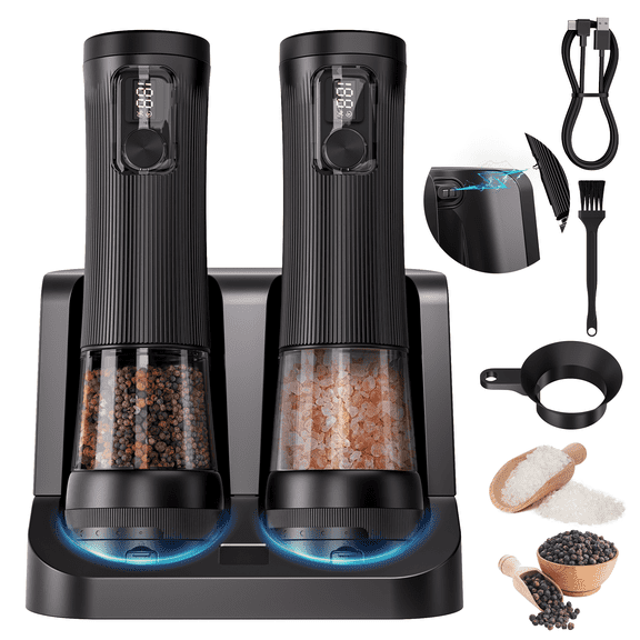 BSgifts Electric Salt and Pepper Grinder Set Rechargeable Mills with 2-Speed, 5 External Coarseness Settings, LED Display, USB-C Charging Base for Kitchen, Dining & Camping