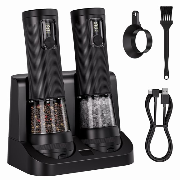 Electric Salt and Pepper Grinder Set,2 Pack Rechargeable Automatic Pepper Mill,2-Speed Setting,Rechargeable Automatic Pepper Mill Shakers with USB Charging Base,100ml Large Capacity,LED Light