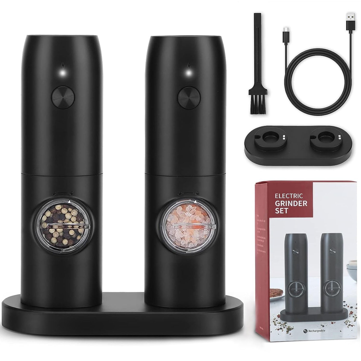Rechargeable Electric Salt and Pepper Grinder Set, 2Pack, LED Light