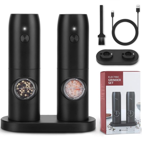Electric Salt and Pepper Grinder Set, 2 Pack Rechargeable Salt Pepper Grinder Set,Coarseness Grinders, Refillable, Adjustable, Black Refillable Automatic Mills Shaker With LED Light, One-HandedOperat