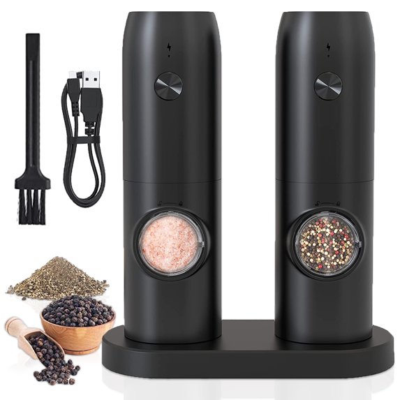 Electric Salt and Pepper Grinder Set of 2, USB Type-C Rechargeable Sea Salt Mill, Automatic Pepper Shaker for Kitchen, Refillable Spice Grinder No Battery Needed with Adjustable Coarseness