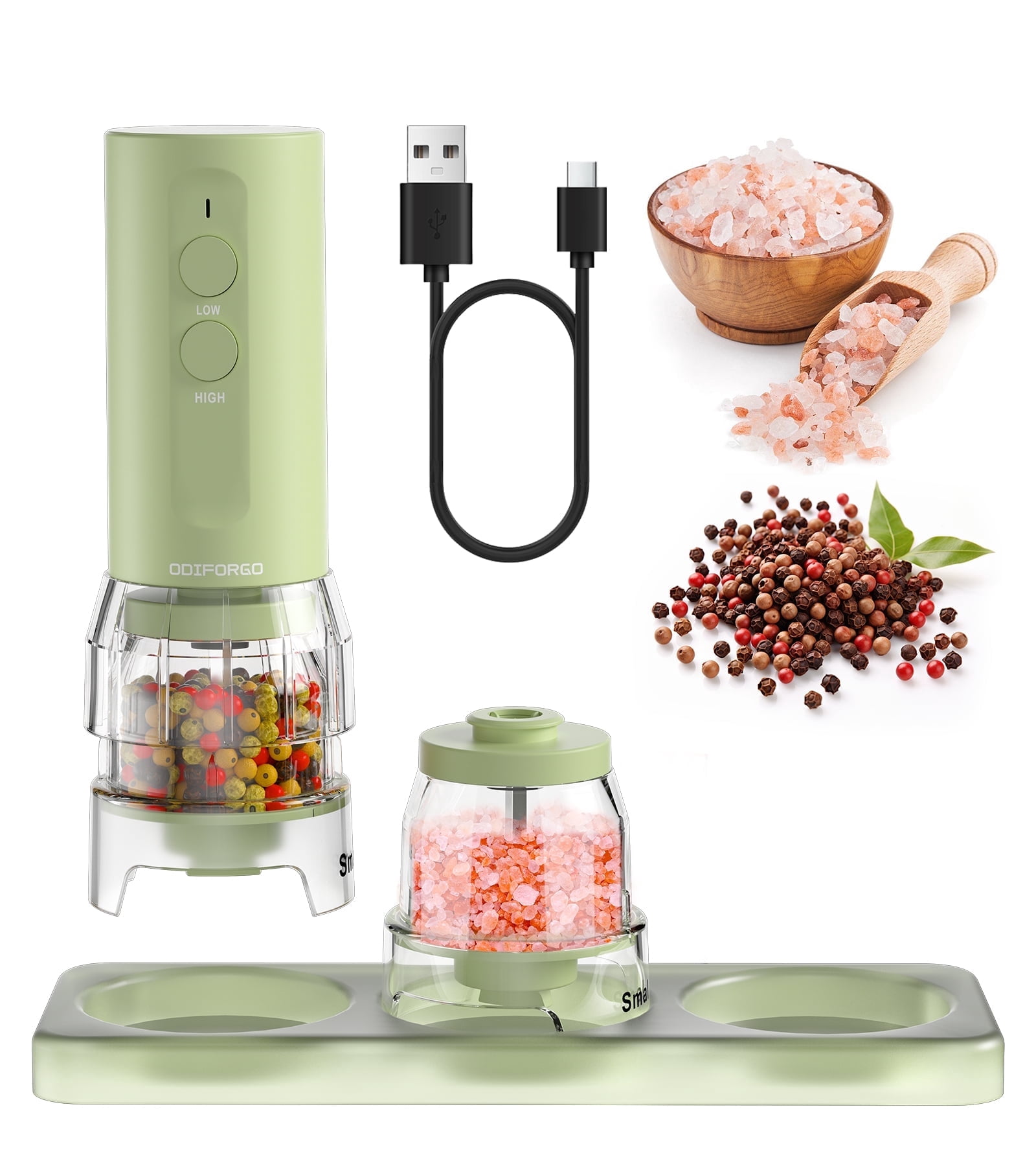 Electric Salt and Pepper Grinder Set 2026 Upgrade, Dual-Bin 2-in-1 Design for Salt, Pepper and Spices, USB Rechargeable Automatic Grinder, Adjustable Grinding Coarseness,Green