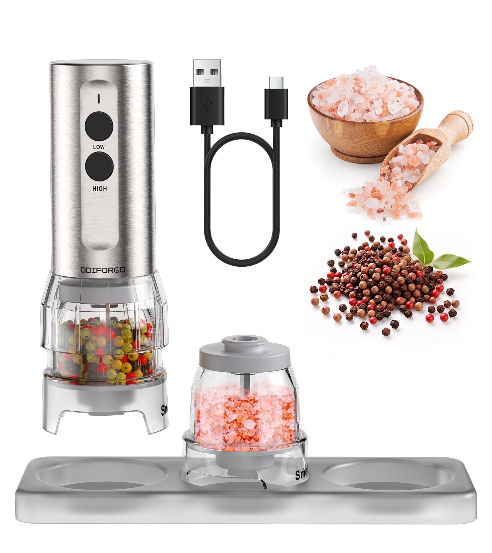 Electric Salt and Pepper Grinder Set 2026 Upgrade, Dual-Bin 2-in-1 Design for Salt, Pepper and Spices, USB Rechargeable Automatic Grinder, Adjustable Grinding Coarseness,Silver