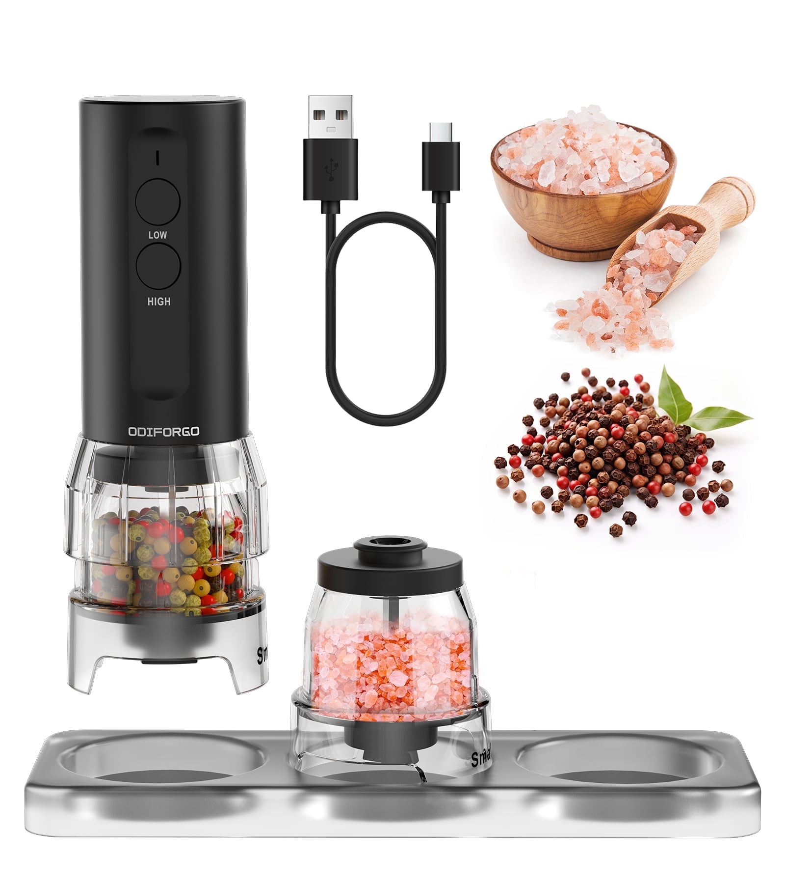 Electric Salt and Pepper Grinder Set 2026 Upgrade, Dual-Bin 2-in-1 Design for Salt, Pepper and Spices, USB Rechargeable Automatic Grinder, Adjustable Grinding Coarseness,Black