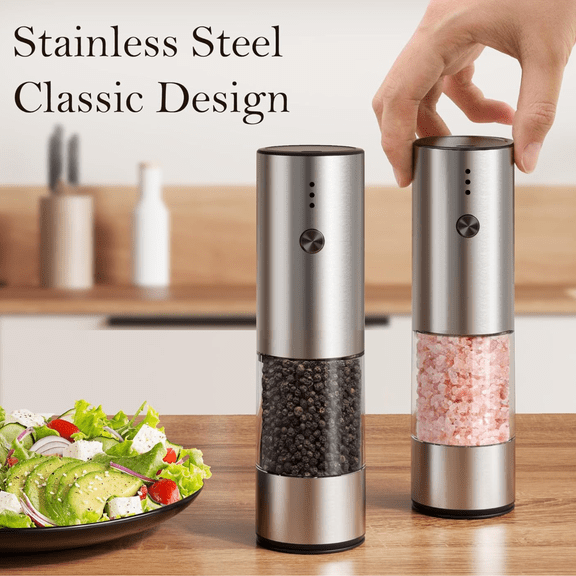 Electric Salt & Pepper Grinder Set, 6 Adjustable Coarseness, Automatic Rechargeable Stainless Steel Spice Mill