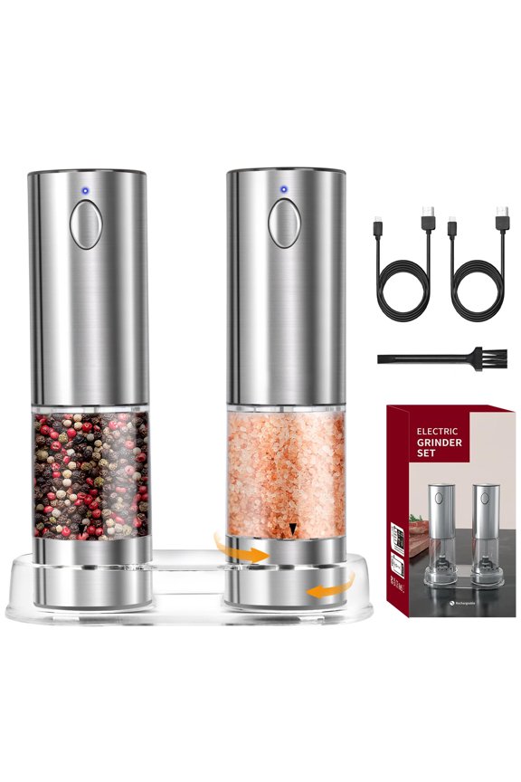 Electric Salt and Pepper Grinder Set 3.21oz Stainless Steel Rechargeable Automatic Salt and Pepper Mill Grinder with 6 Adjustable Coarseness with LED Light