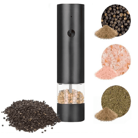 Electric Salt & Pepper Grinder Set, Automatic Adjustable Coarseness Mill, One-Hand Operation, Powered, Glass Body, Refillable (Black)