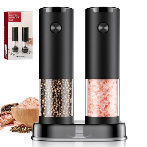 Electric Salt and Pepper Grinder Set Automatic Battery Pepper Mill Shakers Adjustable Coarseness Easy Filling Upgraded Larger Capacity with Led (2 Pack Black/Black
