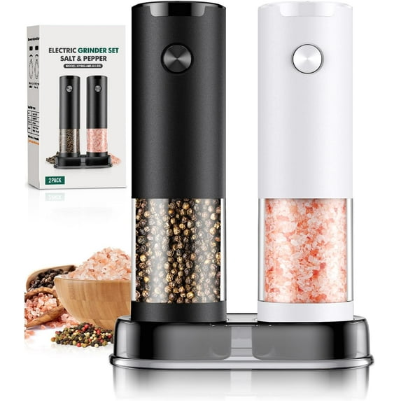Electric Salt and Pepper Grinder Set Automatic Battery Pepper Mill Shakers Adjustable Coarseness Easy Filling Upgraded Larger Capacity with Led (2 Pack Black/Black)