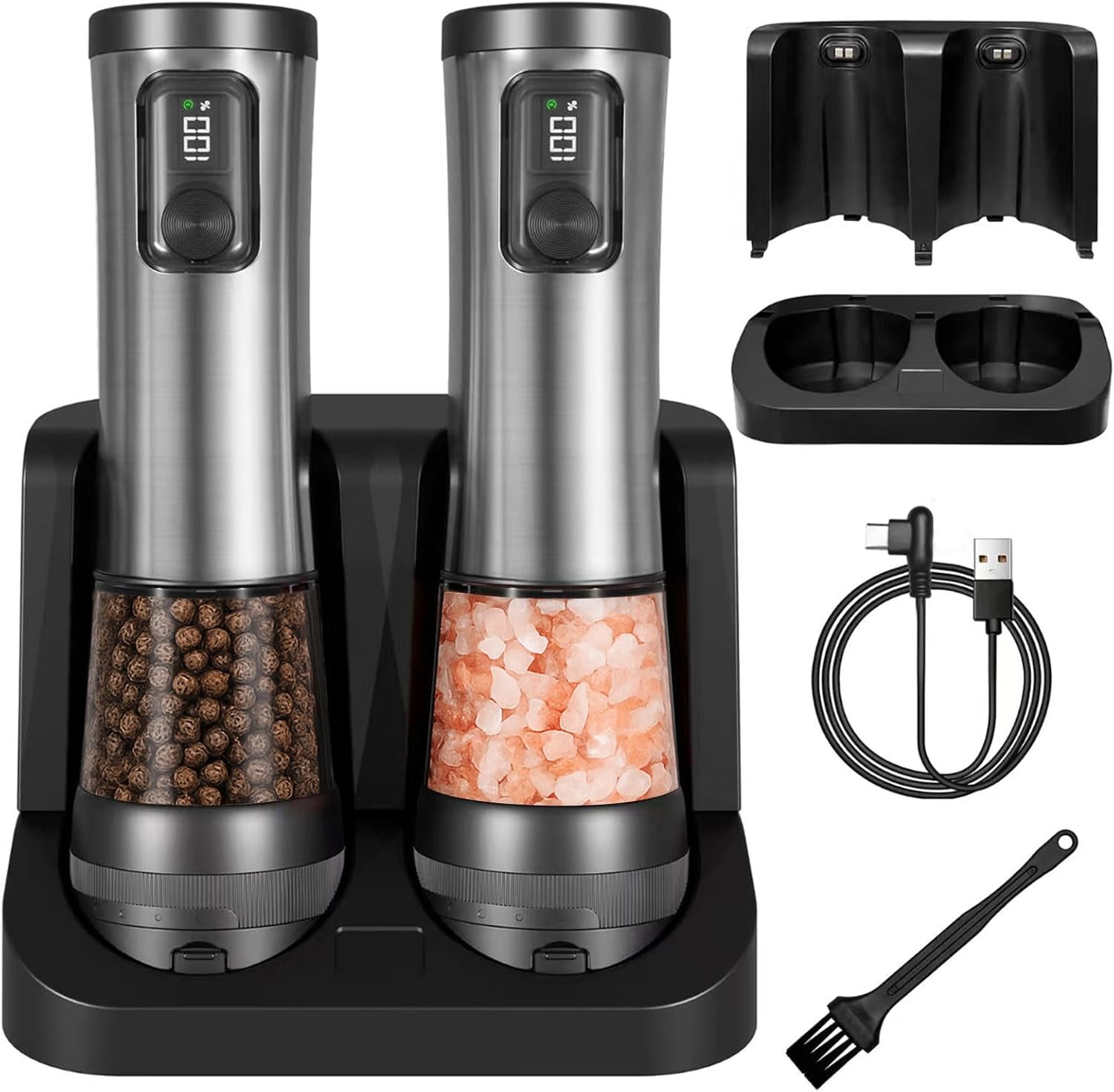 Electric Salt and Pepper Grinder Set - Automatic Rechargeable Pepper Mill with LED Battery Display & USB-C Charging Base, 5-Level Adjustable Coarseness Stainless Steel Spice Shakers for Kitchen, Dini