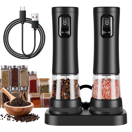 Moreblue Electric Salt and Pepper Grinder Set, Automatic Rechargeable Salt and Pepper Shaker with LED light, Pepper Mill with 5 Adjustable Coarseness(Black)