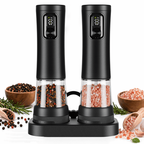Moreblue Electric Salt and Pepper Grinder Set, Automatic Rechargeable Salt and Pepper Shaker with LED light, Pepper Mill with 5 Adjustable Coarseness(Black)