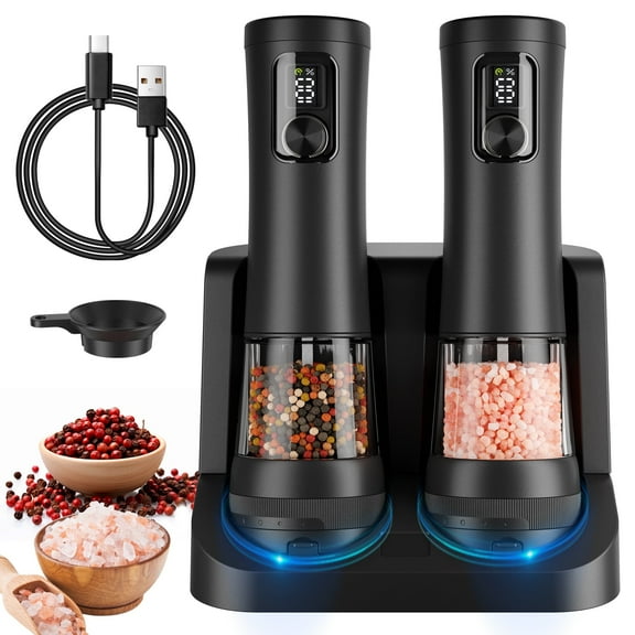 Moreblue Electric Salt and Pepper Grinder Set , Automatic Rechargeable Salt and Pepper Shaker with LED Battery Display & USB‑C Charging Base, Pepper Mill for Kitchen, Dining & Camping