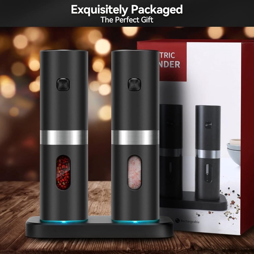 Electric Salt and Pepper Grinder Set, Automatic Salt & Pepper Mill Refillable with Rechargeable Base, USB Cables, 2 Adjustable Coarseness Mills, One Hand Operation, LED Light