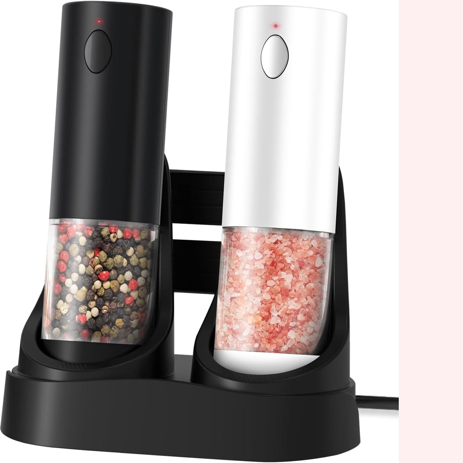 Electric Salt and Pepper Grinder Set with Base Rechargeable with LED lights, Automatic Salt and Pepper Mill Set Refillable with 5 Adjustable Coarseness Black & White