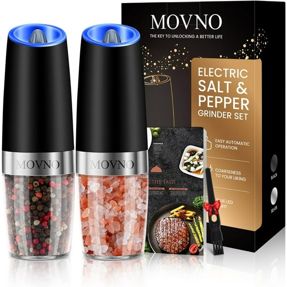 Electric Salt and Pepper Grinder Set, Battery Powered LED Light One Hand Automatic Operation, Adjustable Coarseness Mill Grinders Shakers Black (A.Black 2p)