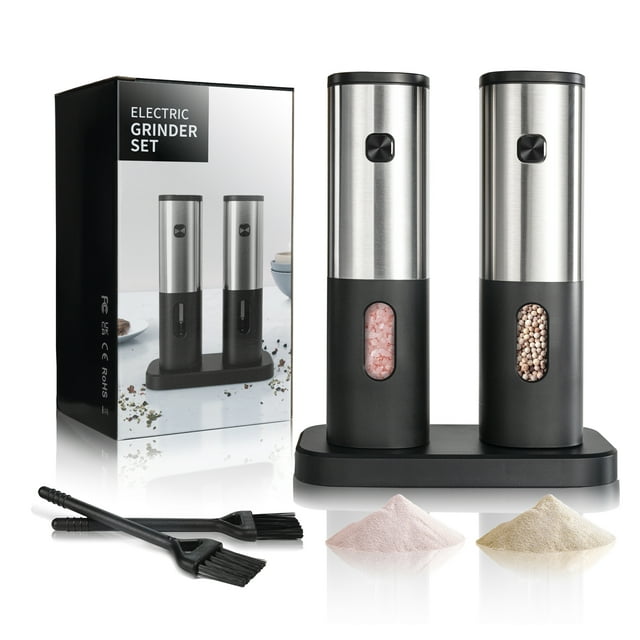 BOTEYOU Electric Salt & Pepper Grinder Set, Battery Powered, LED Light, Stainless Steel, 2 Pack