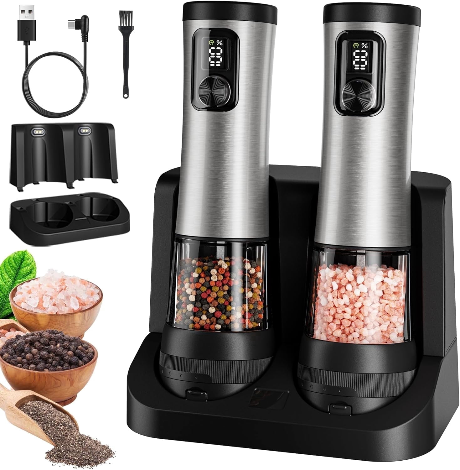 Electric Salt and Pepper Grinder Set - Ceramic Grinder, Automatic Mills, Rechargeable Base with Battery Indicator, Stainless Steel Shakers, 5-Level Coarseness Adjustment for Modern Kitchen