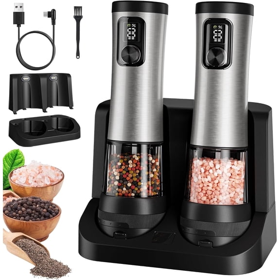 Electric Salt and Pepper Grinder Set - Ceramic Grinder, Automatic Mills, Rechargeable Base with Battery Indicator, Stainless Steel Shakers, 5-Level Coarseness Adjustment for Modern Kitchen