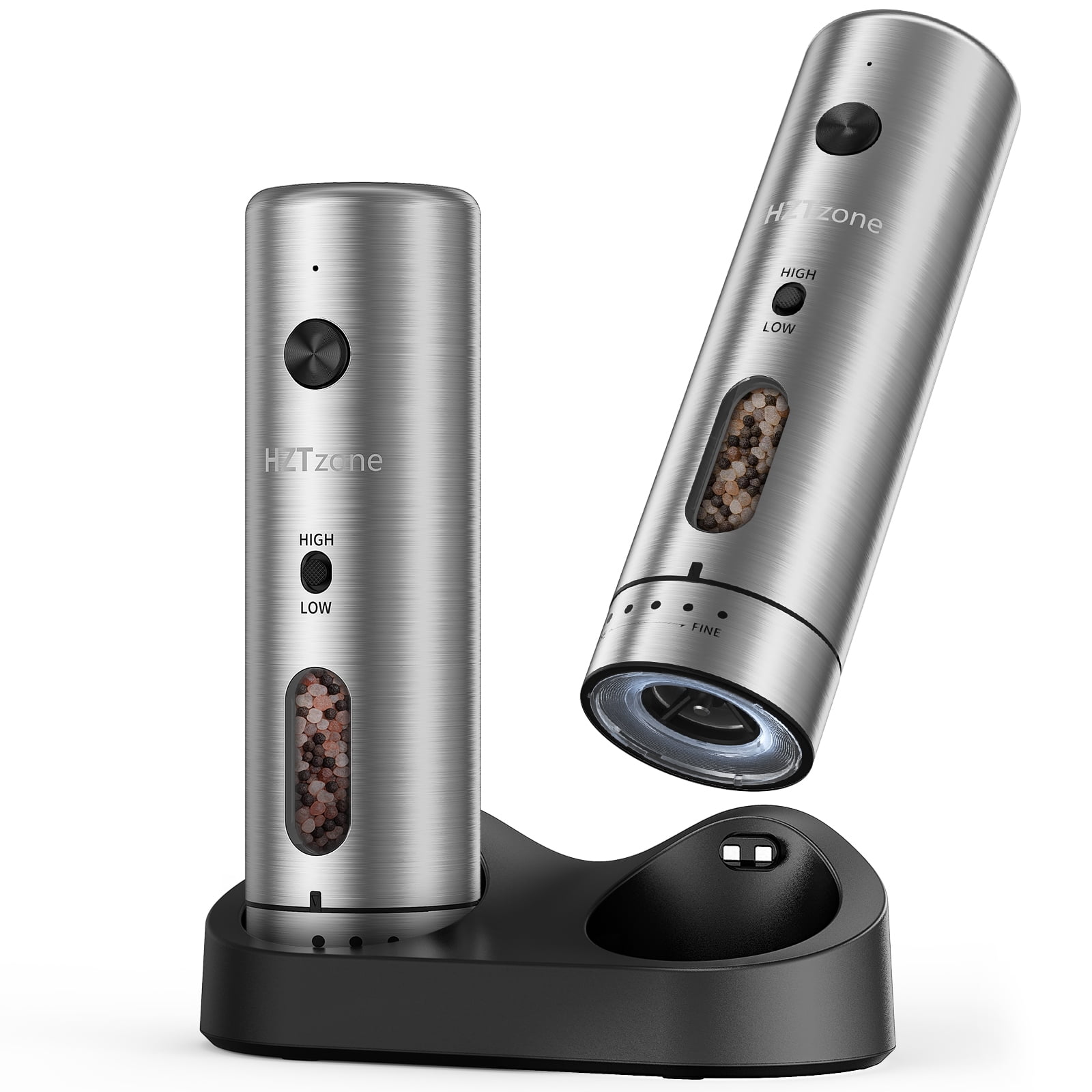 Electric Salt and Pepper Grinder Set with Charging Base, 2 Grinding Speeds, Rechargeable Salt Pepper Mill with 110ml Large Capacity, 6 Adjustable Coarseness & LED Light, Dust Caps, Arthritis Friendly