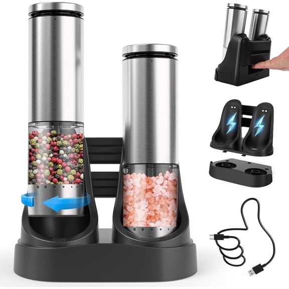 Electric Salt and Pepper Grinder Set with Charging Base: Rechargeable Automatic Salt and Pepper Grinder Set with External Adjustable Coarseness Stainless Steel Electric Salt and Pepper Shakers Sliver