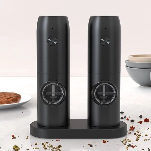 Electric Salt and Pepper Grinder Set with Charging Base, USB Rechargeable Automatic Pepper Mill with LED Light, Adjustable Coarseness Ceramic Grinder, One Hand Operation Refillable Shaker, Black