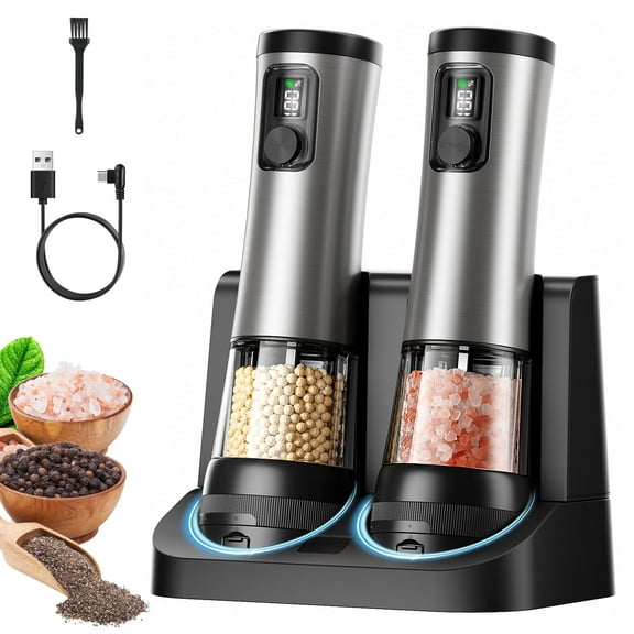 Electric Salt and Pepper Grinder Set Automatic Rechargeable Pepper Mill with LED Battery Display & USBC Charging Base, 5Level Adjustable Stainless Steel Spice Mill for Kitchen, Dining & Camping