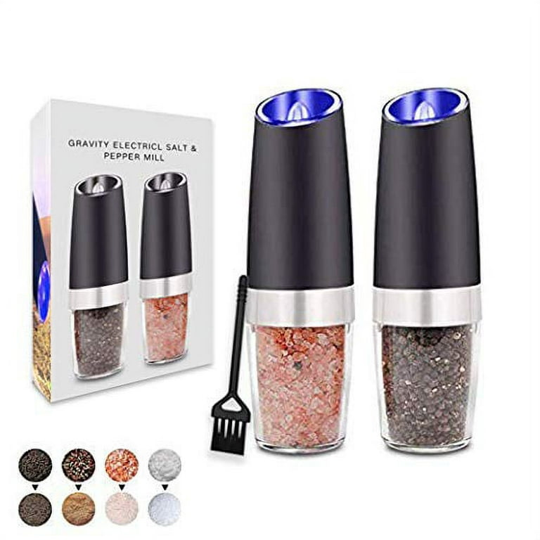2 Pack Gravity Electric Salt and Pepper Grinder Set Automatic Battery  Powered Salt Mill, Adjustable Coarseness, with Blue LED Light, One Hand  Operated