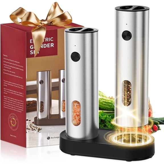 Electric Salt and Pepper Grinder Set, Pepper and Salt Shakers, Auto Pepper Mill with Rechargeable Base/Led Light/Adjustable Coarseness, Kitchen Essentials Ideal for Daily Use & New Home Gift