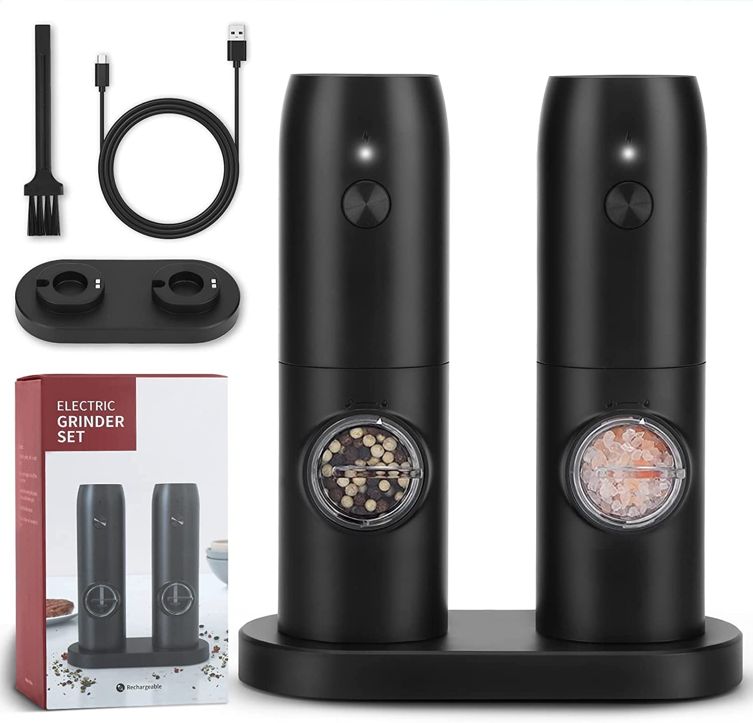 Rechargeable Electric Pepper and Salt Grinder Set with LED Kitchen Gadgets - Black Single - USB